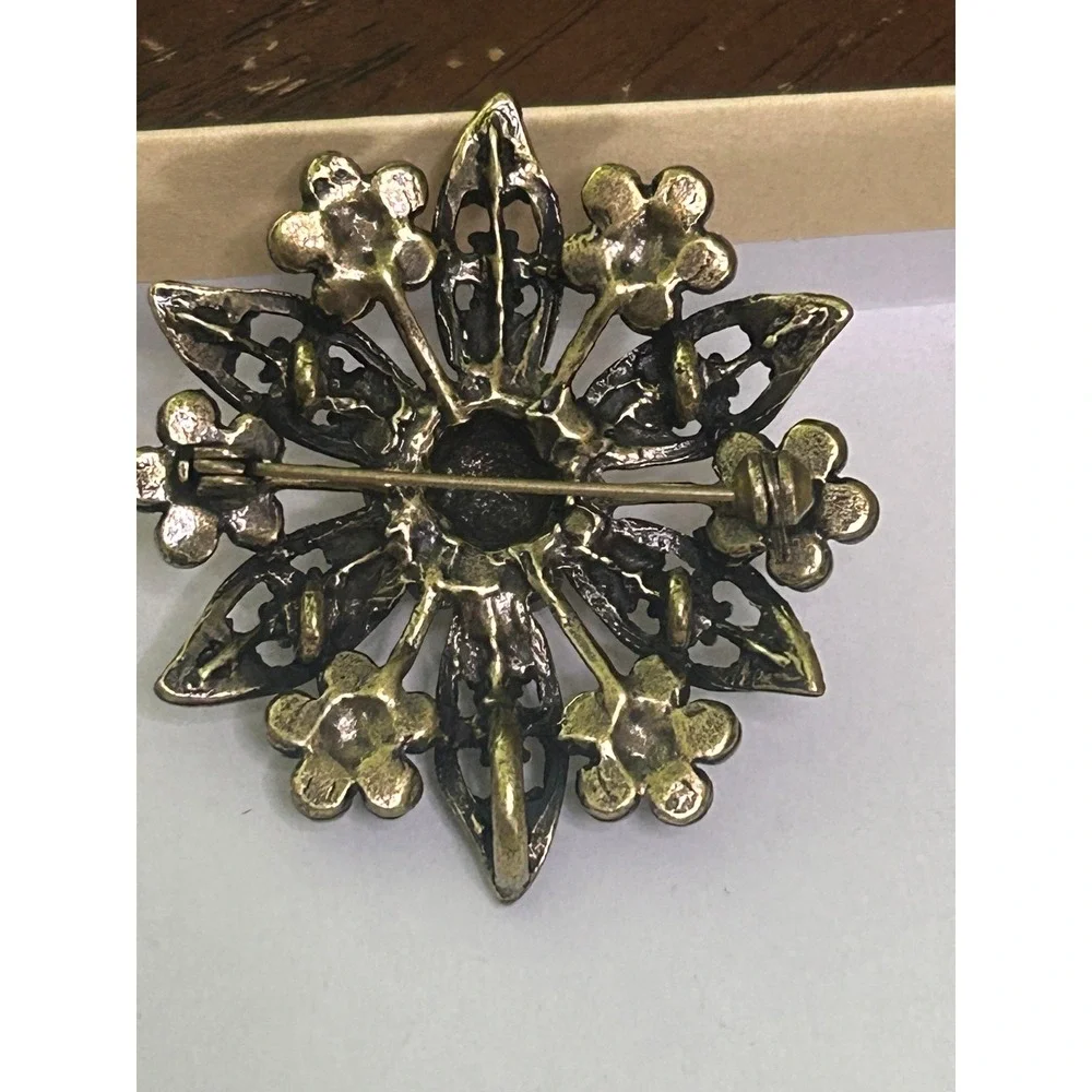 VTG Style Pink Green Ruby Rhinestone Floral Sunburst Brooch Antiqued Brass#737